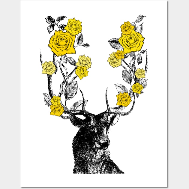 Stag and Roses | Stag and Flowers | Yellow Roses | Wall Art by Eclectic At Heart